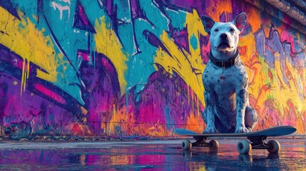 A playful pit bull confidently riding a skateboard in front of a vibrant graffiti wall, exuding a sense of coolness and an urban artistic flair.