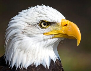 Obraz premium Close-up profile view of an American bald eagle's head, showcasing detailed plumage and striking yellow beak.