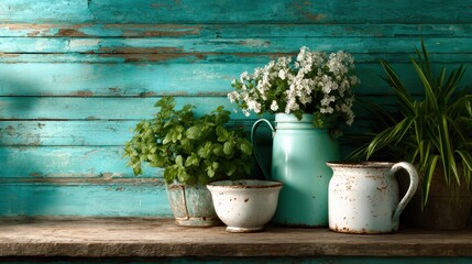A rustic wooden table adorned with different potted plants and flowers set against a charming teal backdrop, evoking calmness and appreciation for nature's beauty.