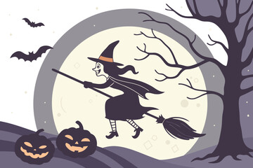 Fototapeta premium Whimsical Halloween Night Scene with Witch Pumpkins and Bats