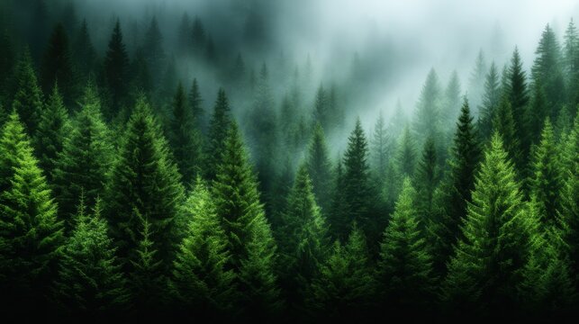 This captivating scene of a misty evergreen forest evokes a sense of mystery and tranquility, inviting exploration into the serene depths of nature's beauty. - Powered by Adobe