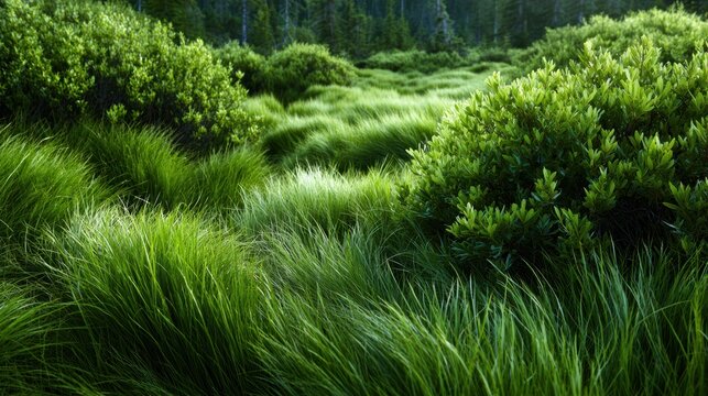 A vibrant landscape showcasing a dense meadow filled with striking green grass and lush shrubbery, inviting calmness and connection to nature's beauty.