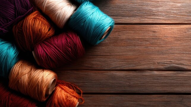 A vibrant collection of colorful threads arranged neatly on a rustic wooden surface, ideal for showcasing creativity and artistic flair in sewing and crafting projects.