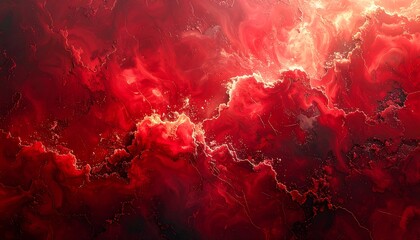 A vibrant, dynamic abstract artwork featuring swirling, fluid patterns of deep red and warm orange hues, accented by darker tones and subtle glitter-like particles.