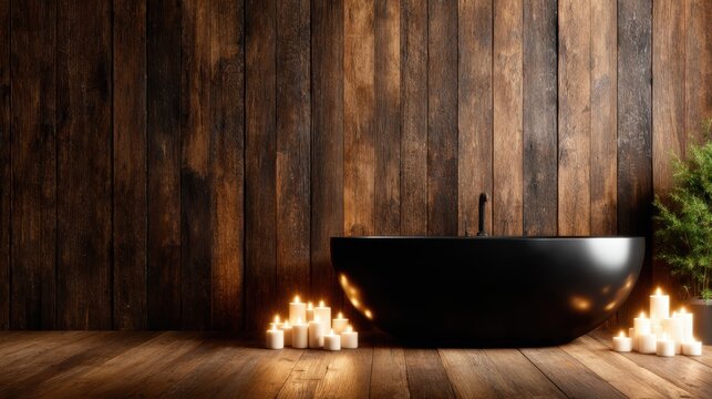 A sophisticated black bathtub set against a rustic wooden background, surrounded by glowing candles, creating a serene atmosphere perfect for relaxation and wellness. - Powered by Adobe
