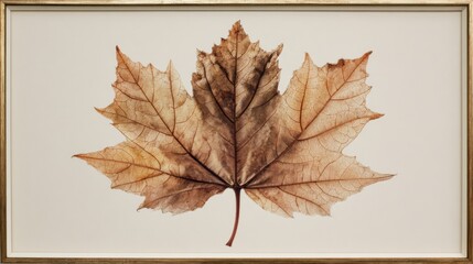 A single maple leaf, captured in its natural state with intricate details and subtle shadows on an off-white background, framed within a vintage frame

