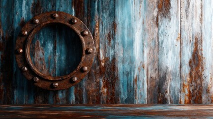 This artistic image showcases a rustic wooden wall featuring a round porthole, embodying the fusion of vintage craftsmanship and artistic expression in interior design.