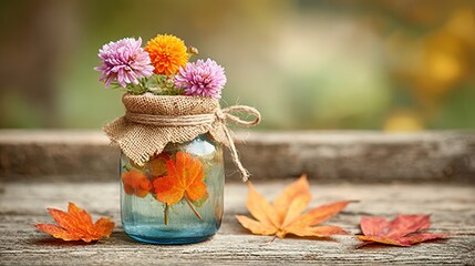 Autumn Flowers and Leaves in a Jar on Wooden Surface, Fall Decoration