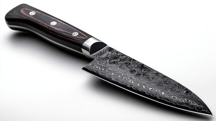 Elegant Damascus Steel Chef Knife with Dark Wood Handle on White Background
