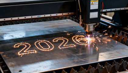 Industrial laser cutting the number 2026 into steel plate with sparks, symbolizing precision, progress, advanced manufacturing, and the creative power of technology shaping the future industry.
