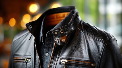 Close-up of Stylish Black Leather Jacket with Zipper and Button Details