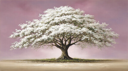 Obraz premium A tree with white flowers on its branches and a pink background is painted in the artwork