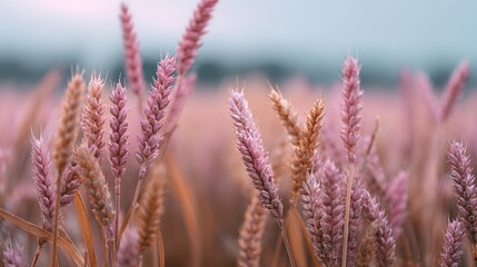 Fototapeta premium Close-up of a lush green field with vibrant pink flowers in the foreground and a clear blue sky in the backdrop