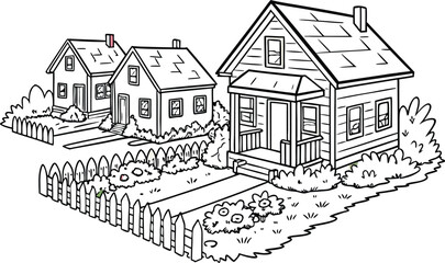 Obraz premium Cartoon Neighborhood Scene Three Houses and White Picket Fence