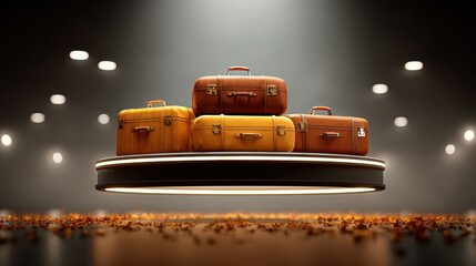 Vintage Leather Suitcases Stacked on Illuminated Platform, Travel Concept