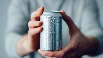 Hands Holding a Blank Silver Aluminum Soda Can Mockup. Beverage Product, Cold Drink, Brand Presentation.