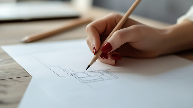 Architectural Sketching: Hand drafting floor plan with a pencil on white paper, showcasing creativity and design. Focus on precision and detail.