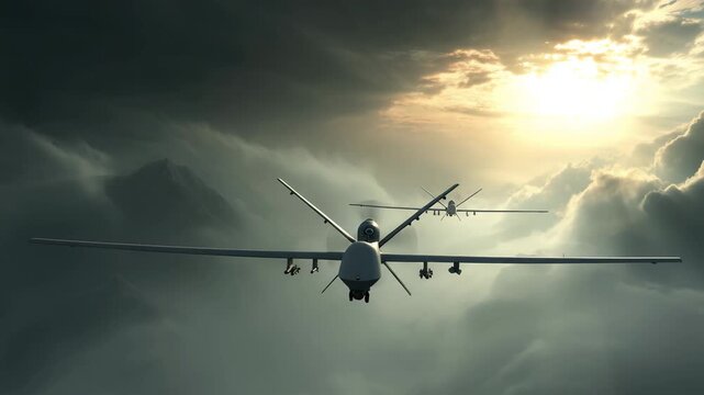 Combat drone flying in the sky with weapons attached military aircraft concept unmanned aerial vehicle used for modern warfare technology defense system and future of aviation