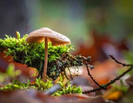 A small, light brown mushroom sits atop a bed of vibrant green moss, nestled among deadfall branches.