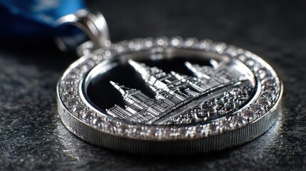 Close-up of a Silver Medal with City Skyline and Diamond Accents
