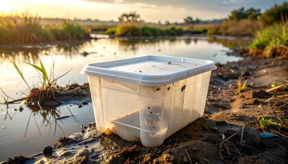 A translucent white plastic storage container sits on the muddy bank of a tranquil waterway, reflecting the soft golden light of the sunrise.