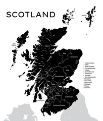 Detailed map of Scotland, black vector silhouette with administrative division of the country into 32 council areas