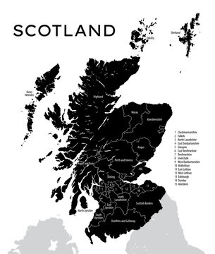 Detailed map of Scotland, black vector silhouette with administrative division of the country into 32 council areas