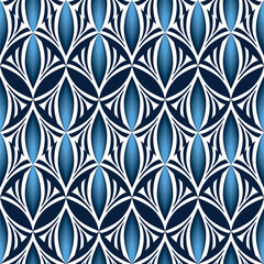 Magic winter ornament of curved lines. Abstract geometric seamless pattern in shades of blue. Fantasy ornate texture background. Geometric pattern of stylized leaves. Christmas decor