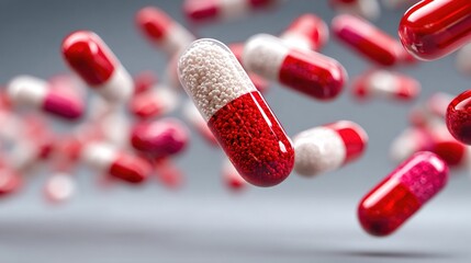   A detailed photo of a single red and white pill surrounded by several others in close proximity
