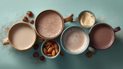  A collection of diverse coffee mugs brimming with various coffee blends and almonds resting atop a blue background with scattered powdered sugar