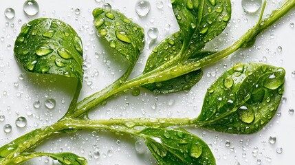  A group of green leaves resting on a raindrop-covered white surface