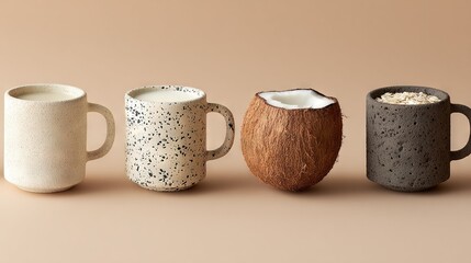   Five diverse coffee mugs arranged in sequence on a beige backdrop, each featuring a distinct fruit - a coconut in the center