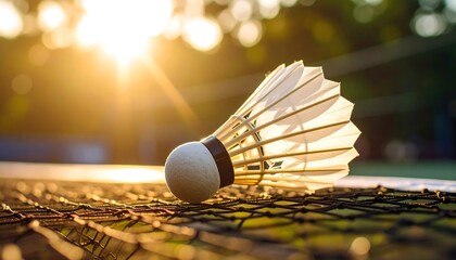Shuttlecock on Net with Bright Sunlight and Bokeh Background