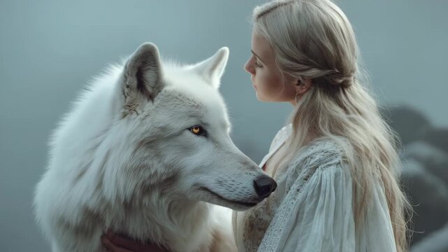 blonde woman with long hair standing close to white wolf mystical fantasy scene symbol of loyalty trust and nature connection