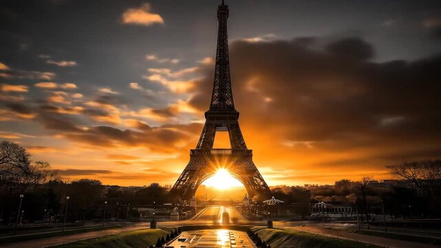 Iconic Eiffel Tower at Sunset with Golden Rays Illuminating the Parisian Sky