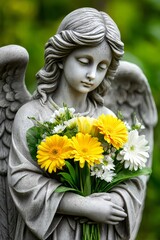 Angel statue holding colorful gerbera flowers bouquet in hands