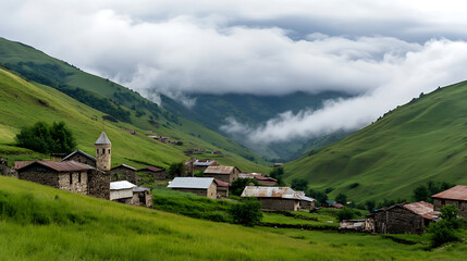 Idyllic mountain village nestled in green hills with a historic church, partially shrouded in misty clouds. A picturesque scene of rural charm.