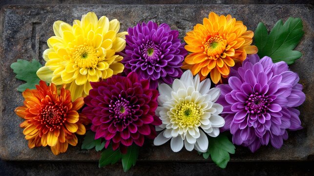 Colorful chrysanthemum flowers arranged on a rustic stone - Powered by Adobe