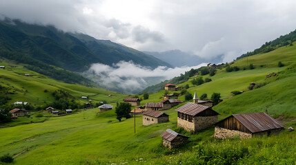Obraz premium Mountain Village Vista: Nestled amidst rolling hills, quaint stone houses cluster together under a cloudy sky, creating a serene landscape.