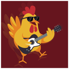 Rockstar chicken with sunglasses flat vector illustration on white background