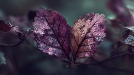   A sharp focus on a vibrant purple-red foliage perched on a tree limb, surrounded by clearer green leaves in the front, while the back remains soft out of focus