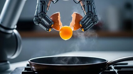 Robot arm cracking an egg into a frying pan for cooking - Powered by Adobe