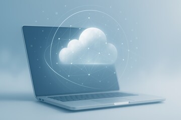 Laptop with glowing holographic white cloud icon symbolizing online storage and data synchronization

