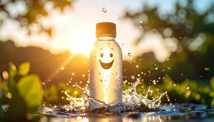 Smiling Bottle with Water Splash in Sunlight Nature Scene