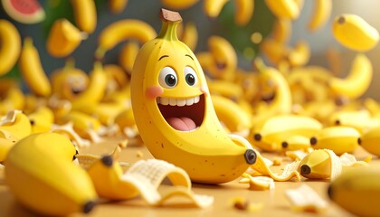 Smiling Banana Cartoon with Cheerful Expression Amidst Yellow Fruit