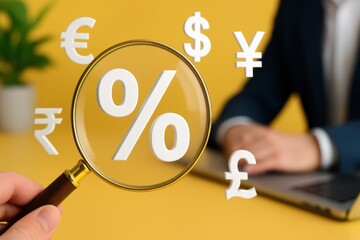 Magnifying glass showing percent sign surrounded by currency symbols dollar euro yen rupee pound
