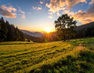 A sun-drenched meadow stretches across a hillside at sunrise, framed by towering trees and hazy mountain ranges.
