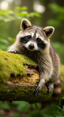 Cute raccoon resting on a mossy tree branch in a forest