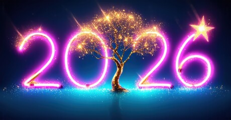 Bright neon numbers form year 2026. Tree silhouette glows amidst sparkling blue background. Star adds festive touch.