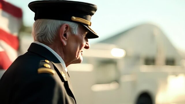 Man in uniform contemplates solemn occasion, with background flag and architecture. Man in uniform with silver hair stands, embodying respect and service.